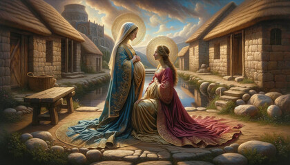 Expectant Mothers: The Visitation of the Blessed Virgin Mary to her Cousin Elizabeth. - obrazy, fototapety, plakaty