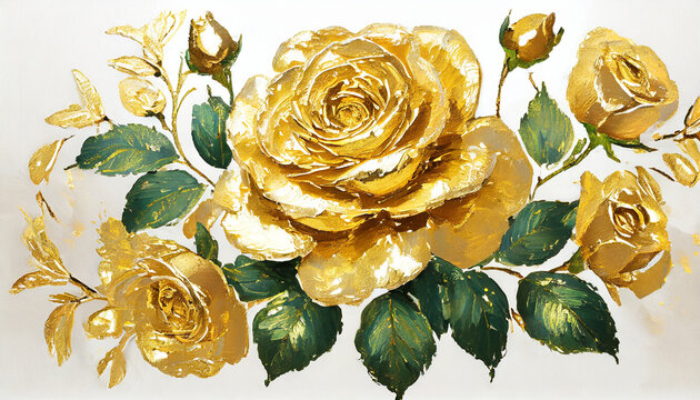 floral oil painting gold rose on white background