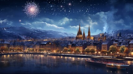 Obraz premium New Year Eve Fireworks with Skyline