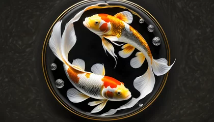 Fotobehang beauty koi fish swimming on black background circular yin and yang © Nichole