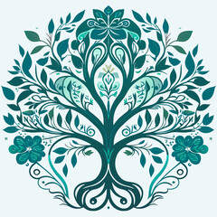vector ornate tree with flowers and leaves in blue and green colors