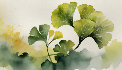 watercolor bakground with ginkgo biloba plant illustration desing minimal concept