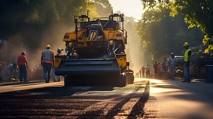 A paver finisher, asphalt finisher or paving machine placing a layer of asphalt during a repaving construction project timelapse - obrazy, fototapety, plakaty