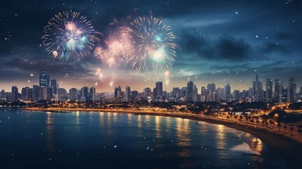 Fotobehang New Year Eve Firworks with Skyline © Umair