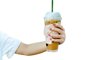 women hand holding the iced coffee isolated