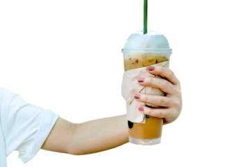women hand holding the iced coffee isolated