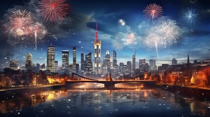 Fototapeta na wymiar New Year Eve Fireworks with Skyline