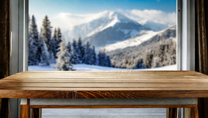 wooden table and window with blurred mountain winter trees landscape background high quality photo