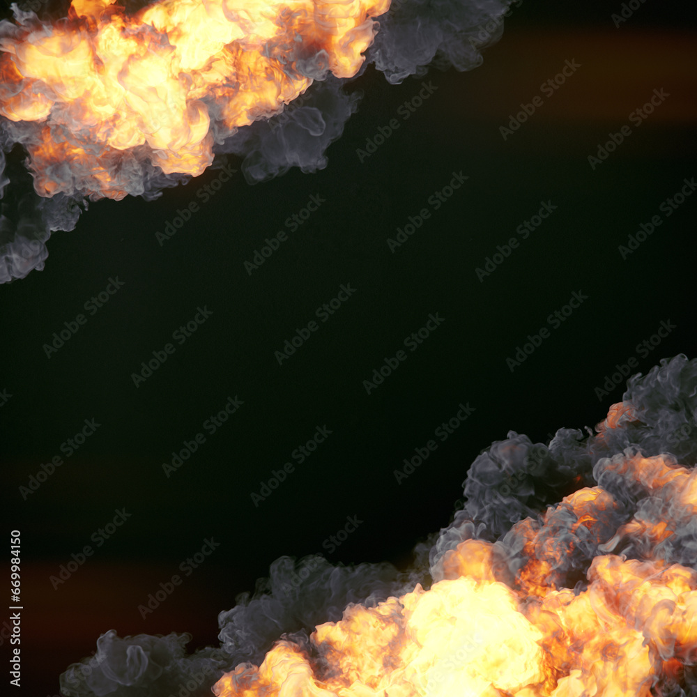 Poster Composition with fire explosion on black background. Abstract background. 3d rendering digital illustration