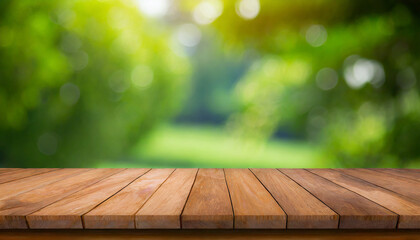 wood table top on blur green nature bokeh background can be used for display or montage your products high quality photo