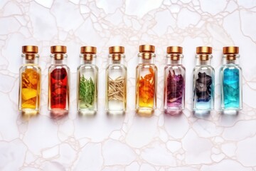 assortment of colorful perfume samples on a white marble background