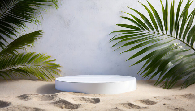white podium stage on sandy beach for product presentation with palm leaves and white wall background high quality photo