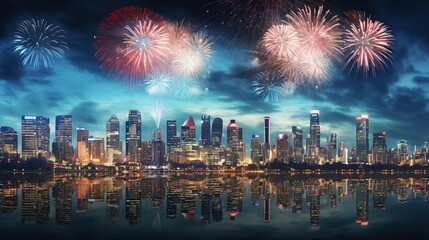 New Year Eve Fireworks with Skyline