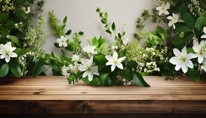 ai generated ai generative green fresh beautiful blossom plants on wooden table and wall mock up decorative template graphic art