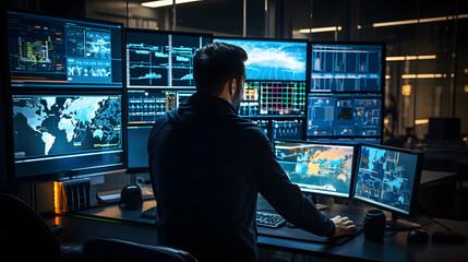 A security expert in front of multiple computer screens in a network operations centre near a server room. Cybersecurity, Cyber awareness training