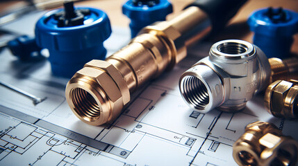 A selection of plumbing tools and fittings on domestic house plans - obrazy, fototapety, plakaty