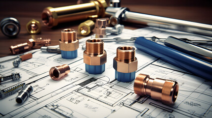 A selection of plumbing tools and fittings on domestic house plans
