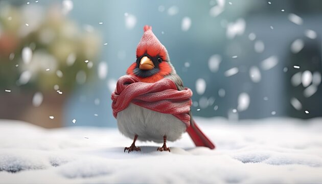  3d cute cardinal wearing scarf in christmas