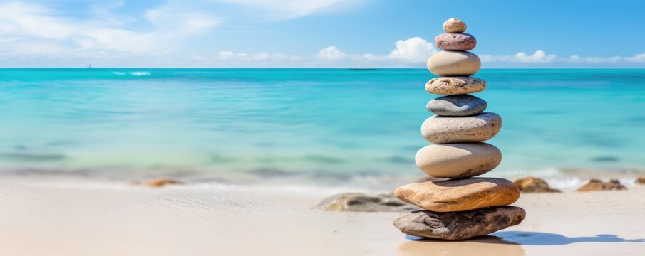 tower of zen stones on paradise beach balance concept