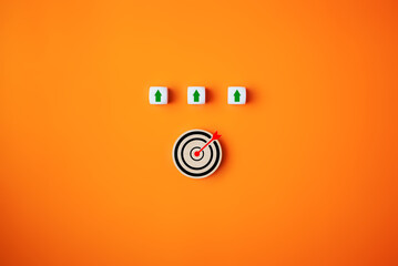 Business target goal icons on wooden blocks, Successful project plan, Business strategy planning...