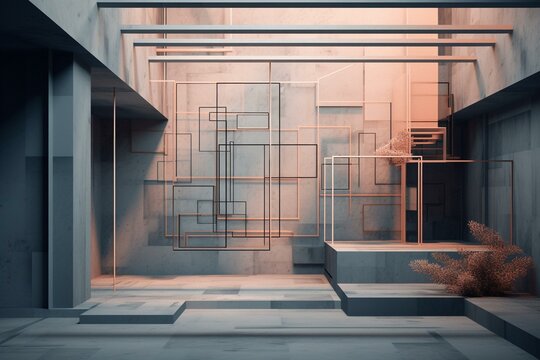 Background of architectural design with abstract features, revealing an unoccupied indoor space. Generative AI