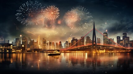 New Year Eve Fireworks with Skyline