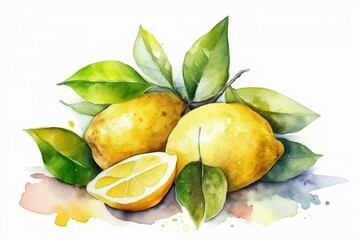 Watercolor illustration of lemon and lemon sour with blank space. Generative AI