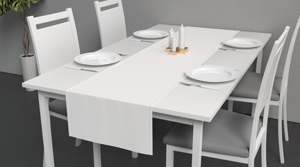 Fototapeta na wymiar Blank white table runner and dishes mockup crop, interior background