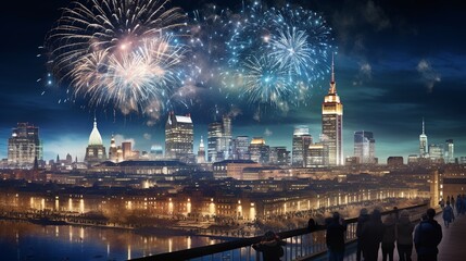 Fototapeta premium New Year Eve Fireworks with Skyline