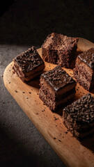 A chocolate sponge cake drizzled with chocolate sauce is served on a wooden cutting board, isolated against a kitchen background.
