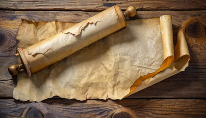 old parchment paper scroll crumpled used papyrus on wooden background generate ai