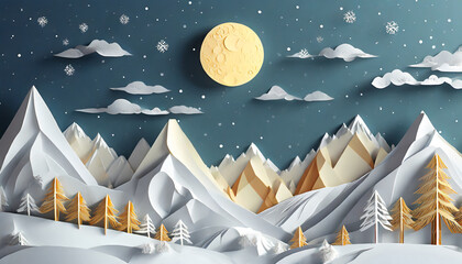 mountain nature landscape snow mountains and moon background origami 3d creative holidays christmas winter paper cut style illustration paper art and digital crafts style space for text - obrazy, fototapety, plakaty