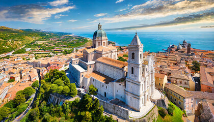 bright summer view from flying drone of cattedrale di san ciriaco church and san gregorio illuminatore catholic church stunning morning cityscape of ancona town italy europe - obrazy, fototapety, plakaty