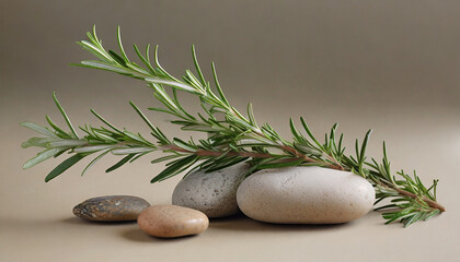 Obraz na płótnie Canvas simplicity in nature rosemary sprig with pebbles on minimalist neutral background nature series