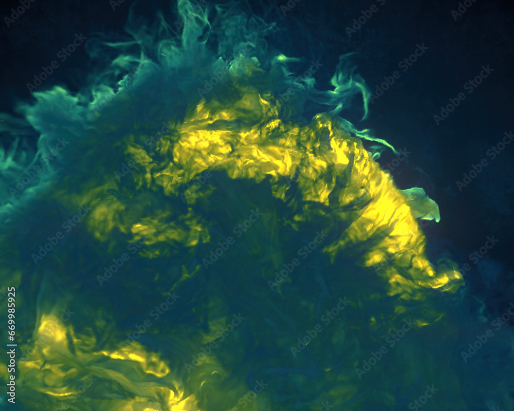 Poster dynamic composition with bright swirls of yellow-green smoke on a dark background. 3d rendering digi