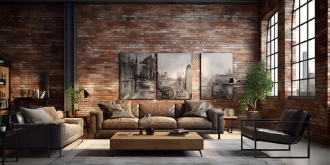 Cozy living room with brick wall and stylish furniture  Inspiring office interior design industrial style  3d Rendering Of Industrial Style Loft Office Interior Featuring Ai Generative