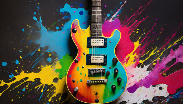 vibrant guitar artistry colorful instruments and paint splatter on dark background