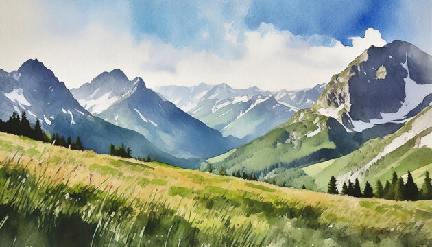 ai generated ai generative watercolor drawing painting mountains landscape background outdoor nature adventure travel hiking trekking inspiration graphic art