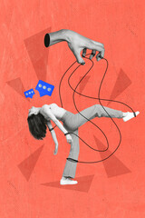 Vertical collage picture of black white colors arm fingers controlling tied strings mini dancing...