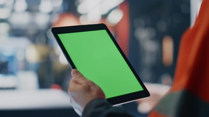 Workman hands holding green screen tablet looking production information closeup