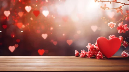 Fotobehang Wooden table with hearts and defocused bokeh hearts and rounds in pink and red colors, template with heart symbols, a mockup scene for Valentine's Day, anniversaries, and other heartfelt occasions. © Maria Shchipakina