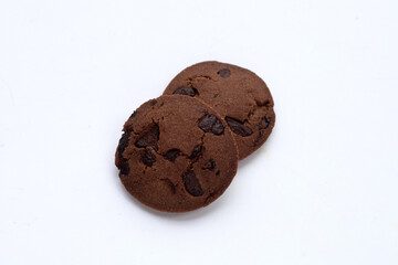 Chocolate chip cookies on white background.