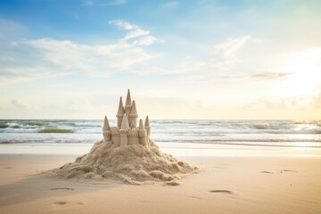 a sand castle standing on a beach - obrazy, fototapety, plakaty