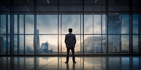Fototapeta na wymiar Businessman Looking Through the Window on Big Modern City in His Office A man in a business suit, a businessman stands against the background of large windows overlooking Ai Generative