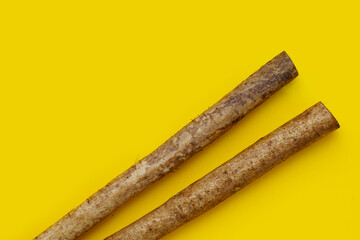 Burdock Root (Gobo) on yellow background.