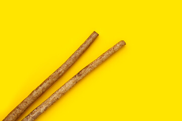 Burdock Root (Gobo) on yellow background.