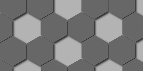 abstract Hexagon honeycomb shaped black and white decorative ceramic tiles on wall background.  Contemporary sci-fi background with bokeh effect. Poster design. Hexagons metal surface. 