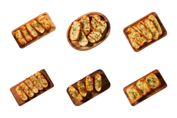 collection of top-view toasted garlic bread on wooden board isolated on a transparent background