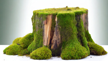the fresh looking tree stump is filled with lush green moss that almost covers its entire surface set against a white background