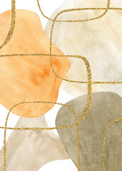 Watercolor hand drawn abstract background, warm colors, gold strokes. Hand drawn clipart. Perfect for card, postcard, tags, invitation, printing, wrapping.